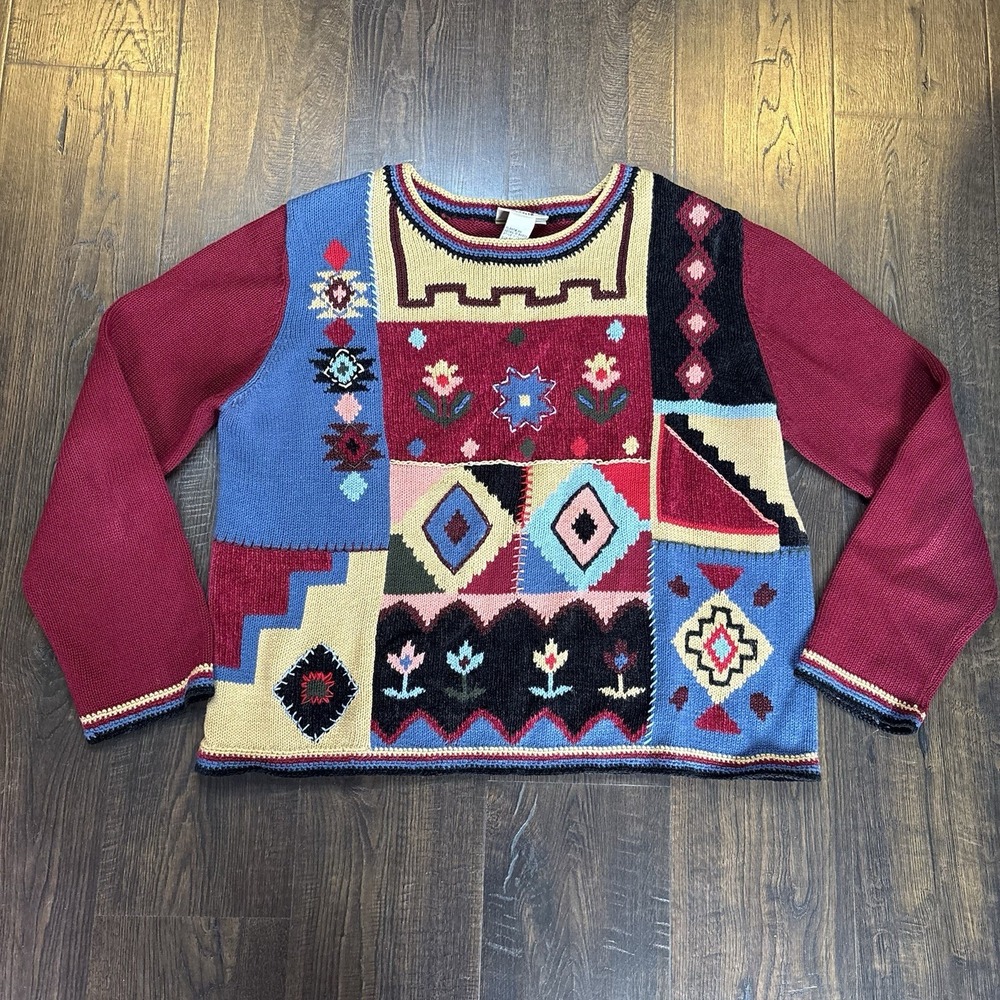 MONTEREY PETITES by‎ KORET Women's Multi Color Patchwork Knit Sweater M Cottage
